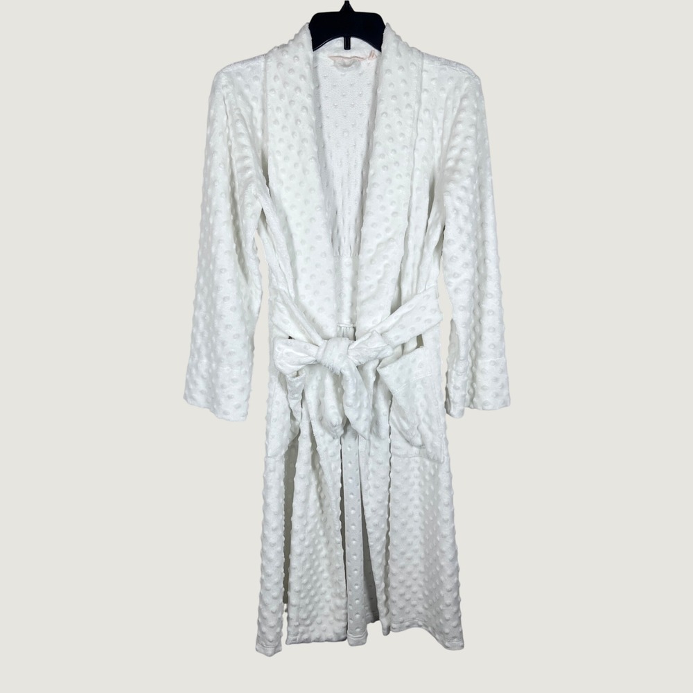 Soft Surroundings Robe Womens S White Popcorn Fleece Polka Dot Tie Waist Soft